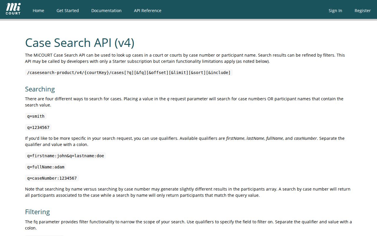 Mackinac County case search reference showing MiCOURT API search filters