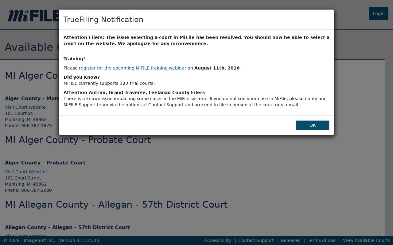 Mackinac County court case search reference showing MiFILE available courts