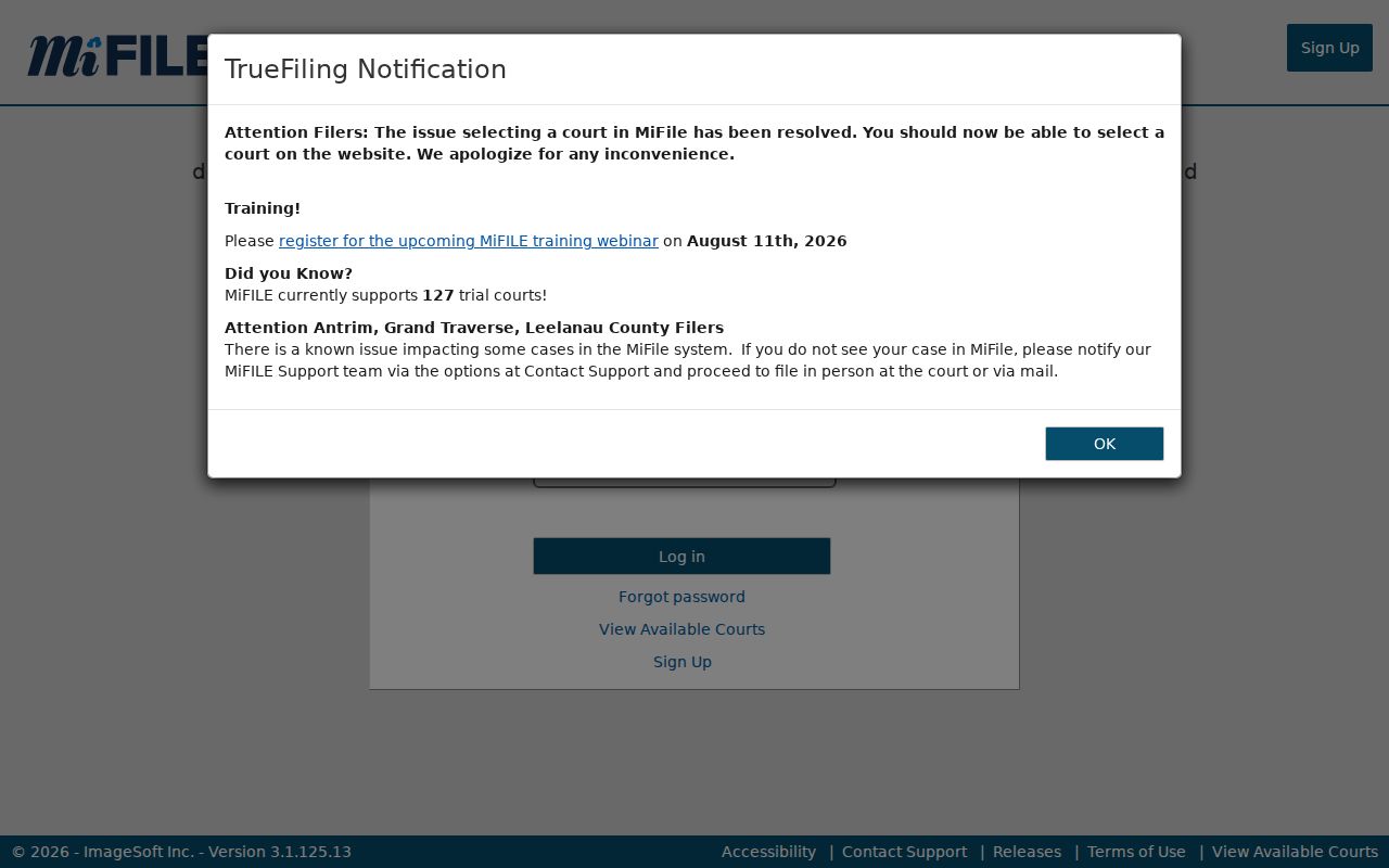 Mackinac County case records reference showing MiFILE login information