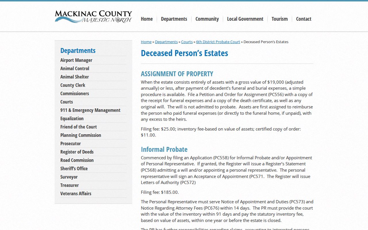 Mackinac County deceased-person estates Probate Court information page