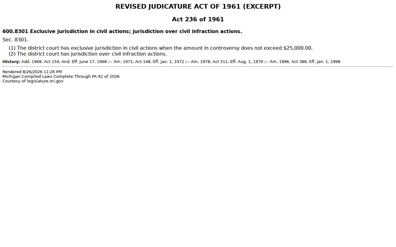 Michigan Legislature page for MCL 600.8301 District Court civil jurisdiction