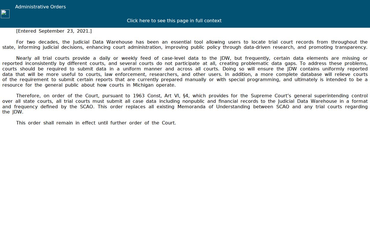 Michigan courts Administrative Order 2021-6 judicial data warehouse page