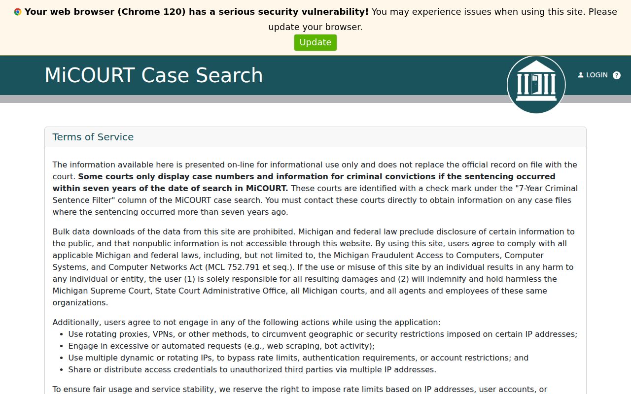 MiCOURT search interface for 11th Circuit Court Mackinac