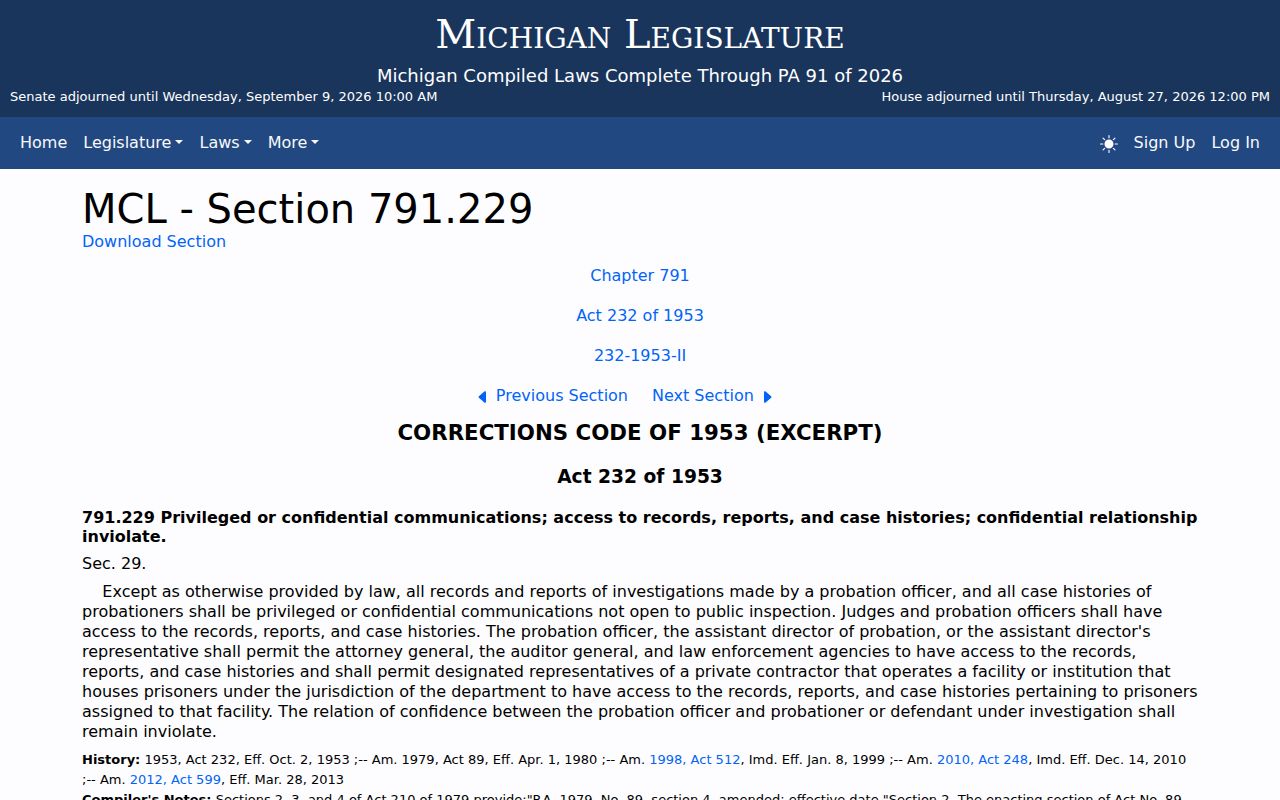 Michigan Legislature page for MCL 791.229 probation confidentiality