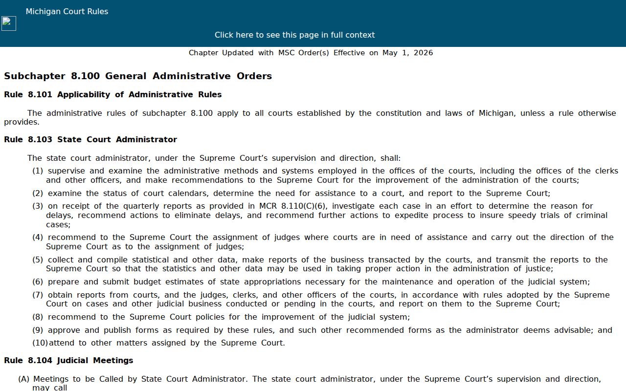 Mackinac County court docket access source from Michigan Court Rules Chapter 8