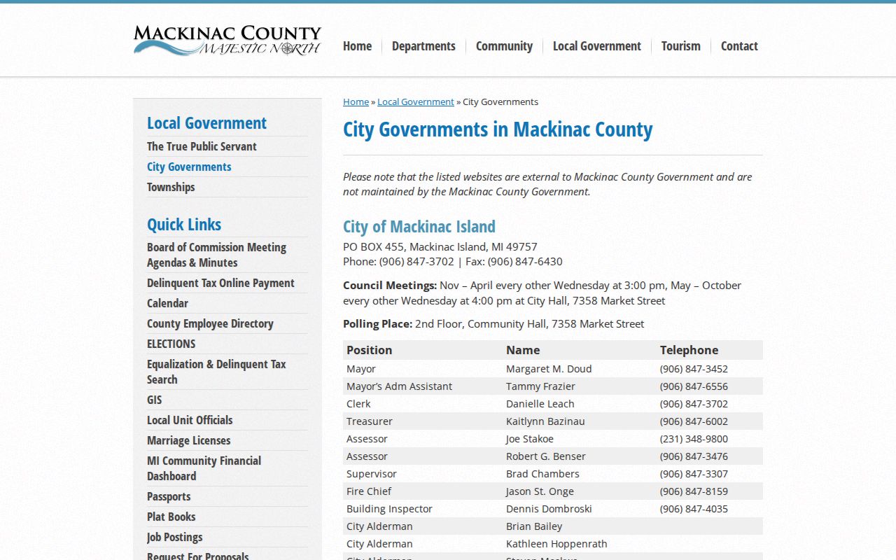 Mackinac County city-government page listing Mackinac Island municipal contacts