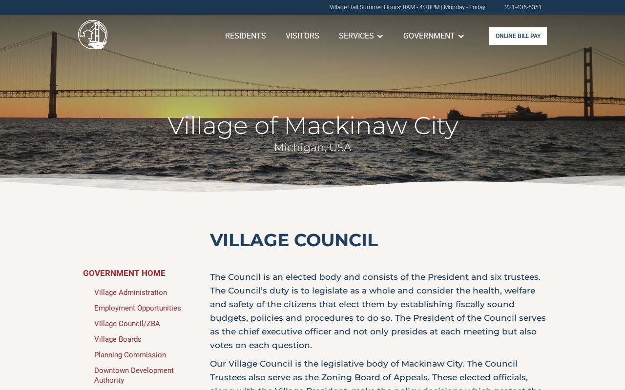 Mackinaw City Village Council page for municipal government records