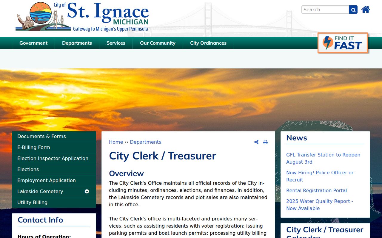 St. Ignace City Clerk-Treasurer page for city records and ordinance inquiries