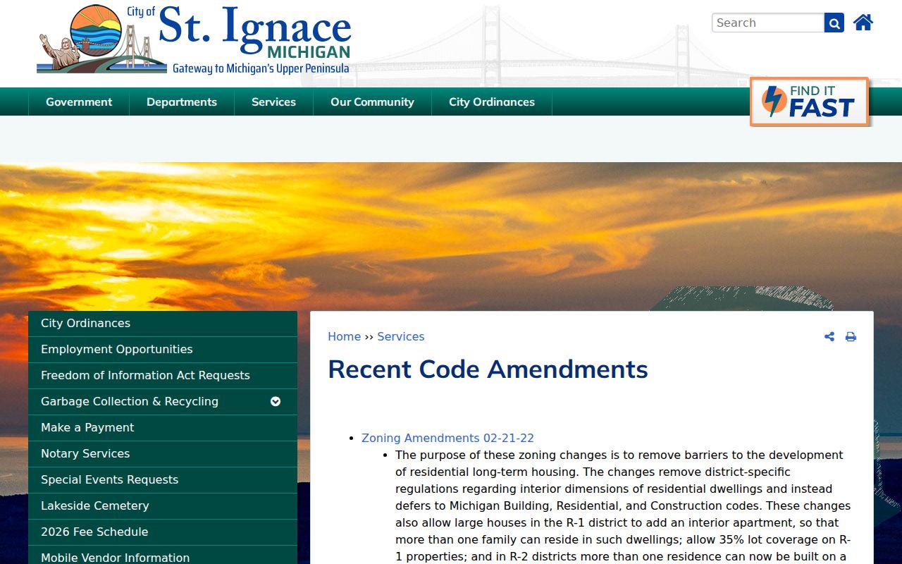 St. Ignace city code amendment page used as an ordinance-records lead