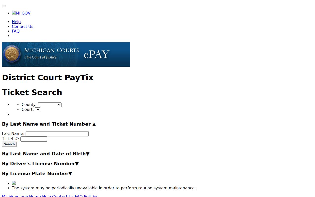 Mackinac County traffic court reference showing the Michigan eTix ticket-search interface