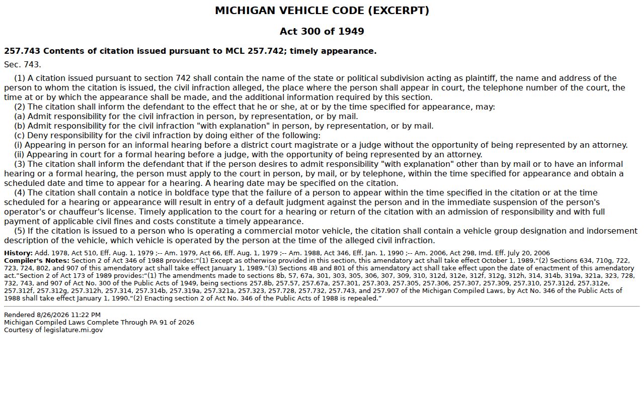 Mackinac County traffic court reference showing Michigan citation requirements statute