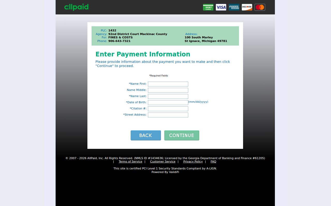 Mackinac County traffic court reference showing the GovPayNow payment route for code 1432